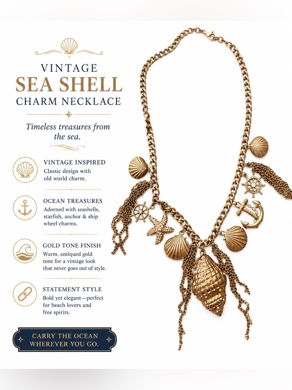 Vintage Gold Tone Sea Shell Charm Necklace Nautical Beach Statement Necklace